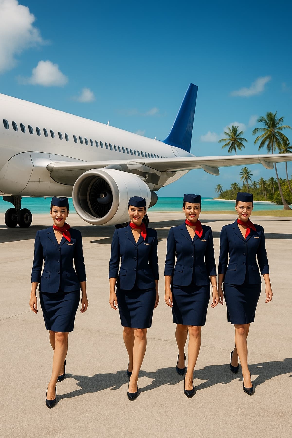 Équipage PNC devant un avion, escale